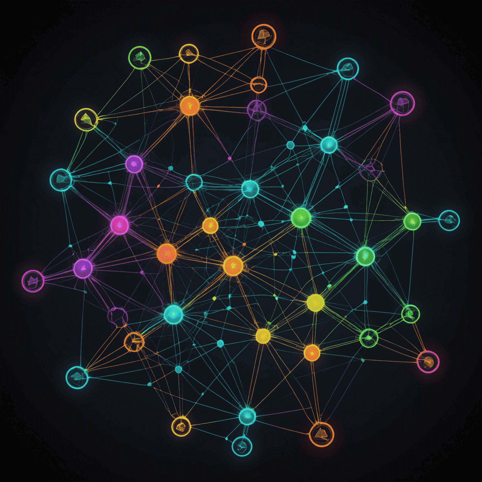 Komplexe Netzwerktopologie mit verschiedenen Knoten und Verbindungen, die durch leuchtende Linien dargestellt werden. Die Darstellung zeigt optimierte Pfade in Neonfarben.