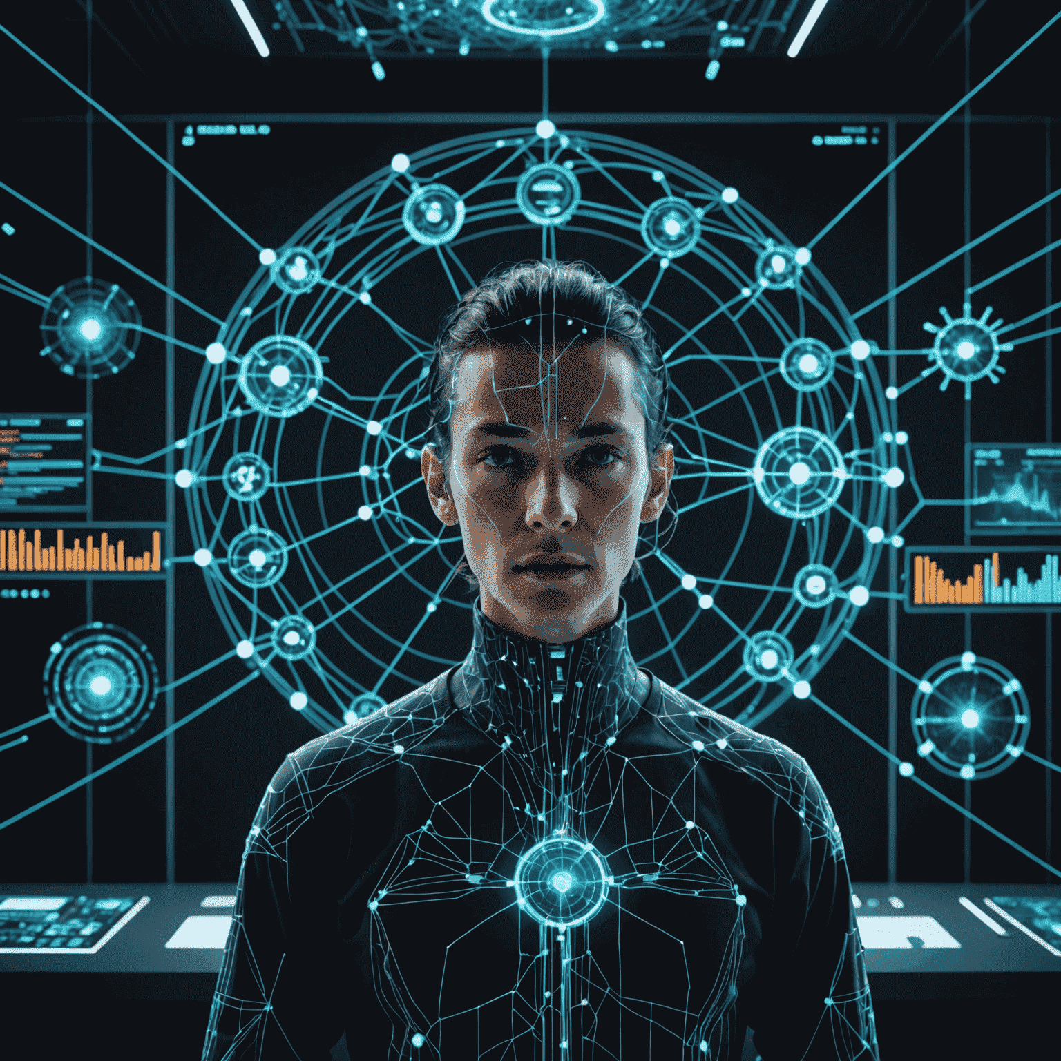 Futuristische Darstellung einer KI, die ein komplexes Netzwerk analysiert und optimiert. Holographische Displays zeigen Netzwerkdiagramme und Leistungskennzahlen.