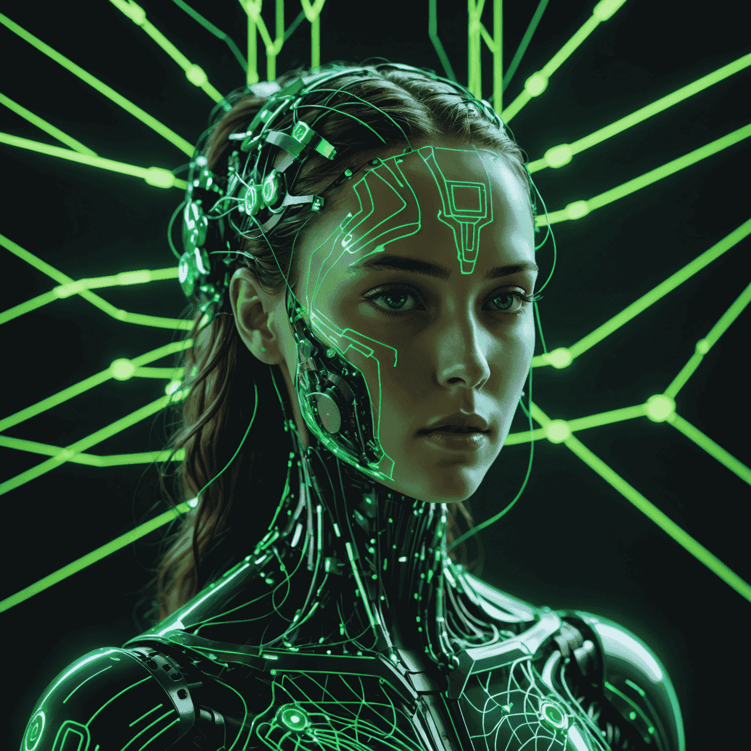 Eine abstrakte Darstellung von KI, die ein komplexes Netzwerk verwaltet, mit holografischen Displays und fließenden Datenströmen in Neongrün.