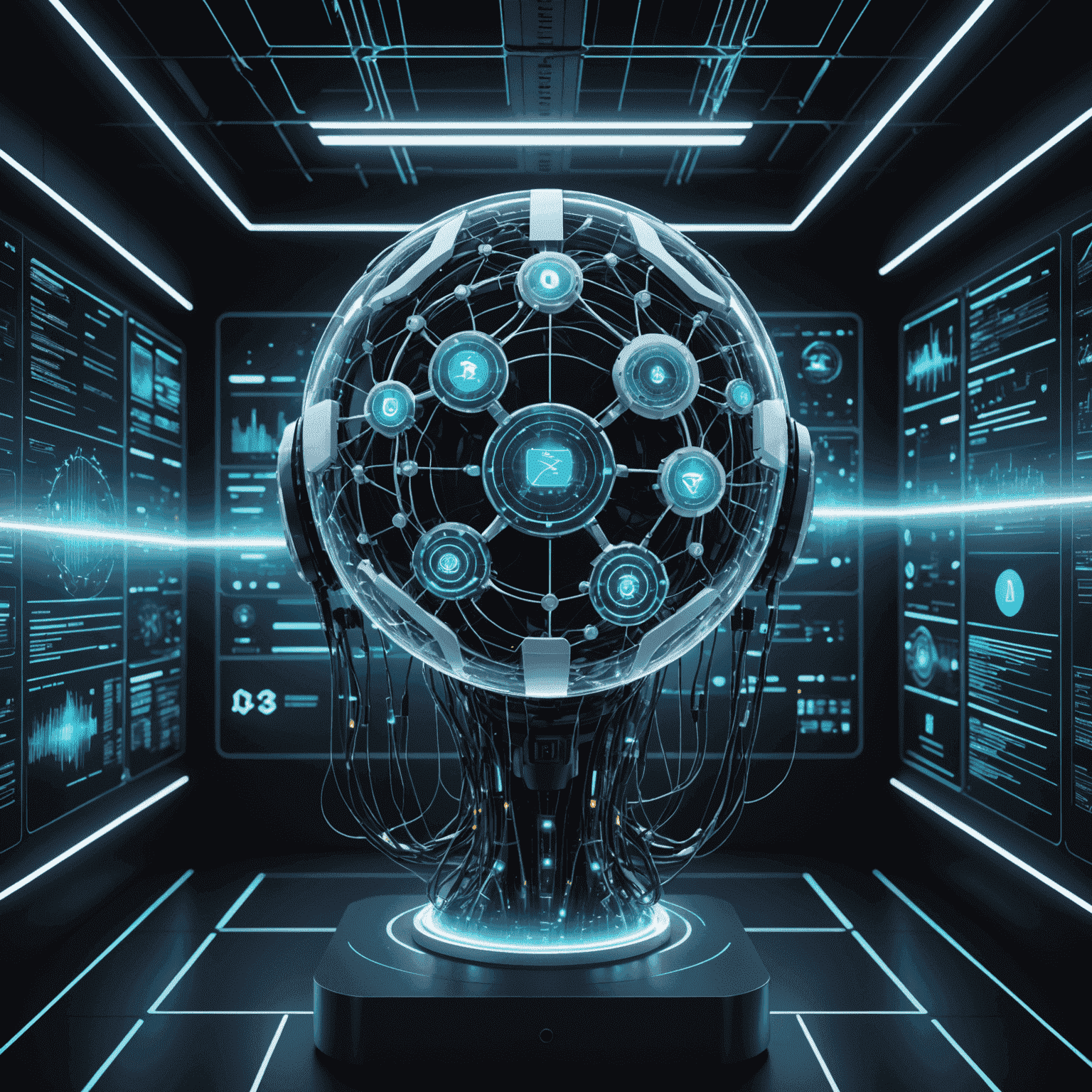 Futuristische Darstellung eines KI-gesteuerten Netzwerkmanagement-Systems mit holografischen Displays und Datenströmen