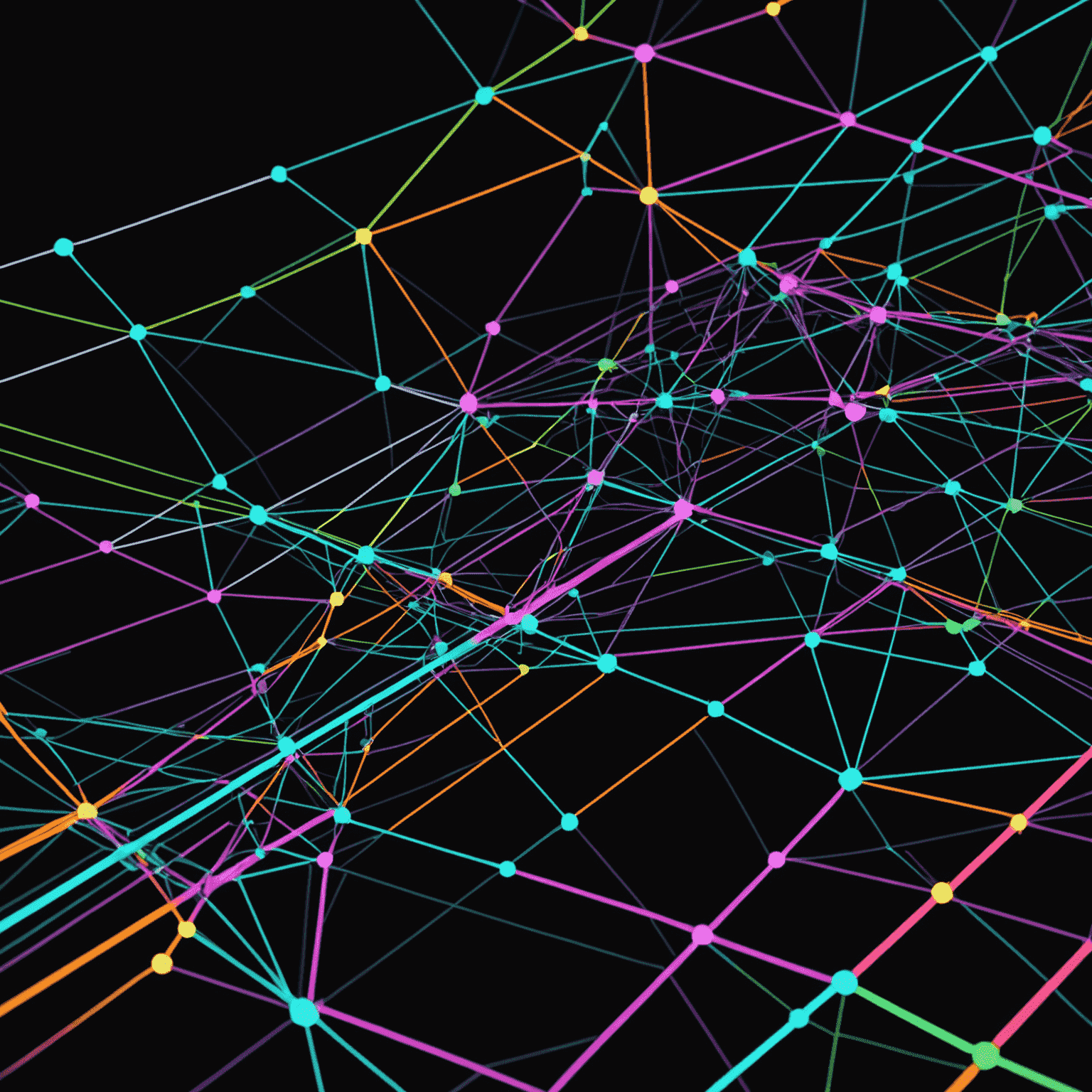 Visualisierung eines optimierten Netzwerks mit Leistungsgraphen und Echtzeit-Datenflüssen. Die Darstellung zeigt verbesserte Metriken in leuchtenden Neonfarben auf schwarzem Hintergrund.
