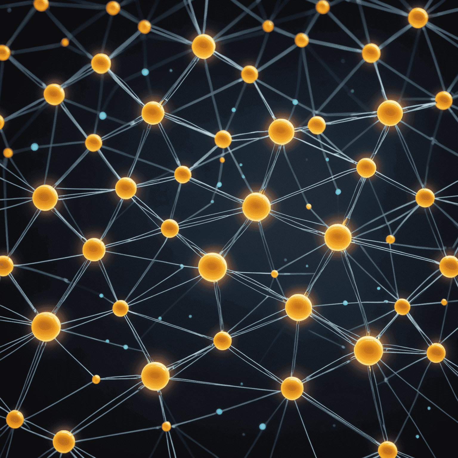 Futuristische Visualisierung eines selbstverwaltenden Netzwerks. KI-Agenten, dargestellt als leuchtende Knoten, optimieren autonom die Netzwerkstruktur und -leistung.