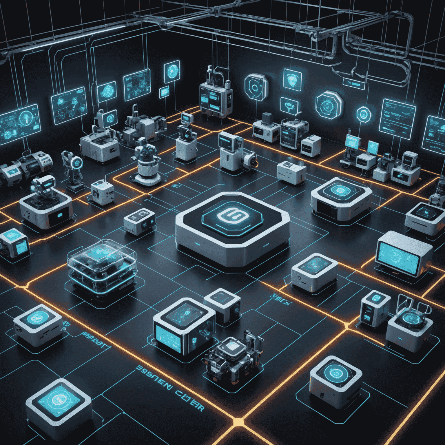 Schematische Darstellung einer Smart Factory mit 5G-vernetzten Geräten, Robotern und AR-Displays. Neonlinien zeigen Datenflüsse zwischen Maschinen und Kontrollzentrum.