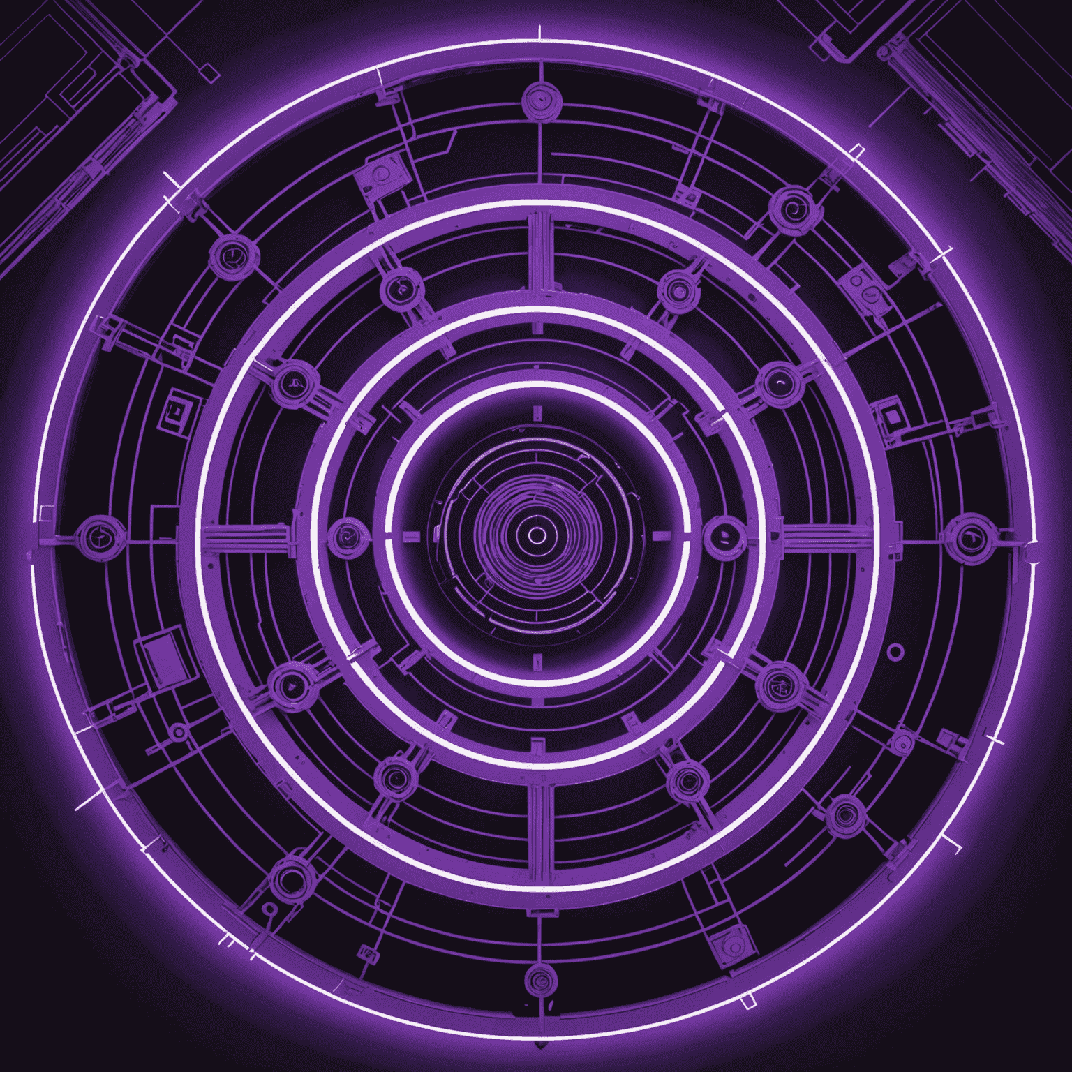 Ein futuristisches Sicherheitssystem mit mehreren Schutzschichten, dargestellt durch konzentrische Kreise in Neonpurpur, die ein Unternehmensnetzwerk umgeben.
