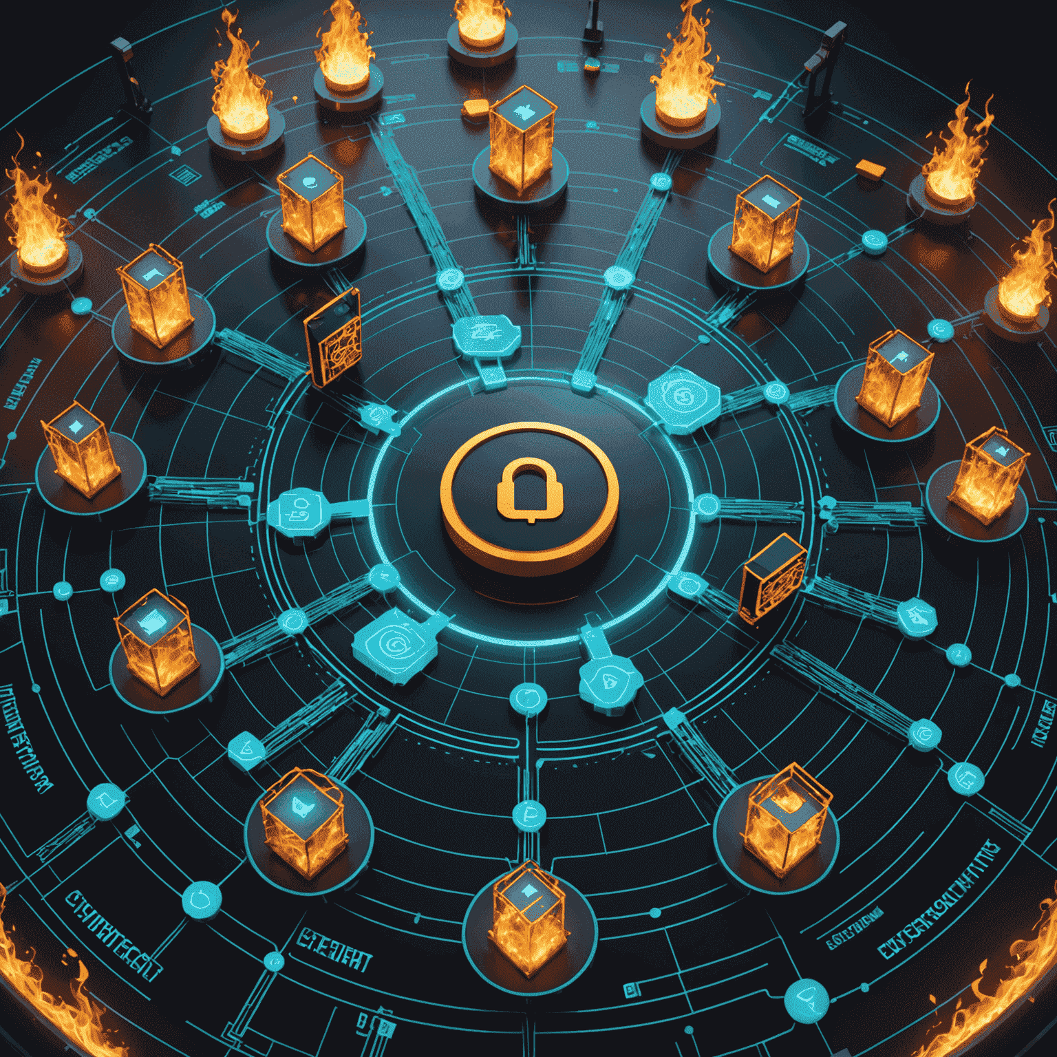 Komplexe Visualisierung von Cybersicherheitsmaßnahmen mit Firewalls, Verschlüsselungssymbolen und Schutzschichten um ein Unternehmensnetzwerk