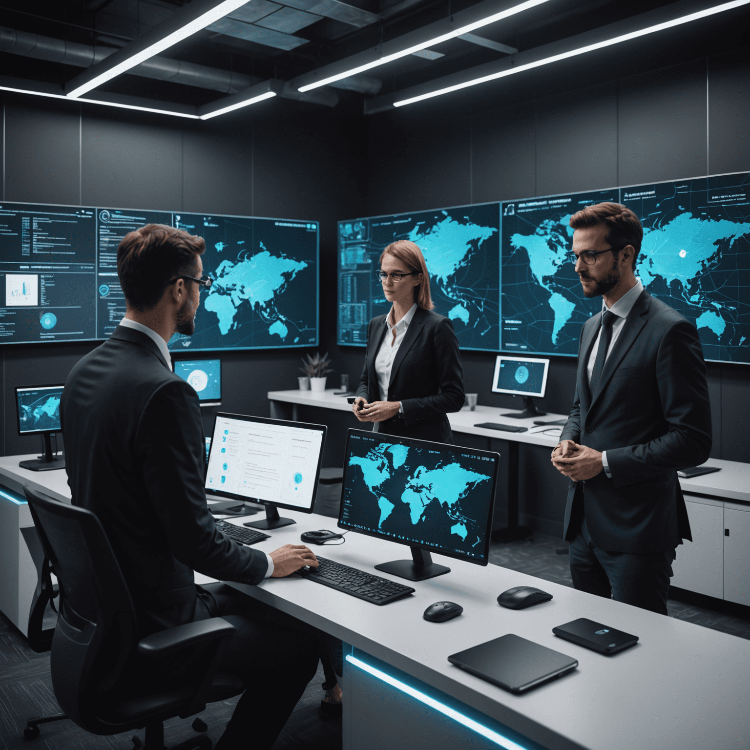 Interaktive Cybersicherheitsschulung für Mitarbeiter mit futuristischen holografischen Displays und Simulationen von Phishing-Angriffen