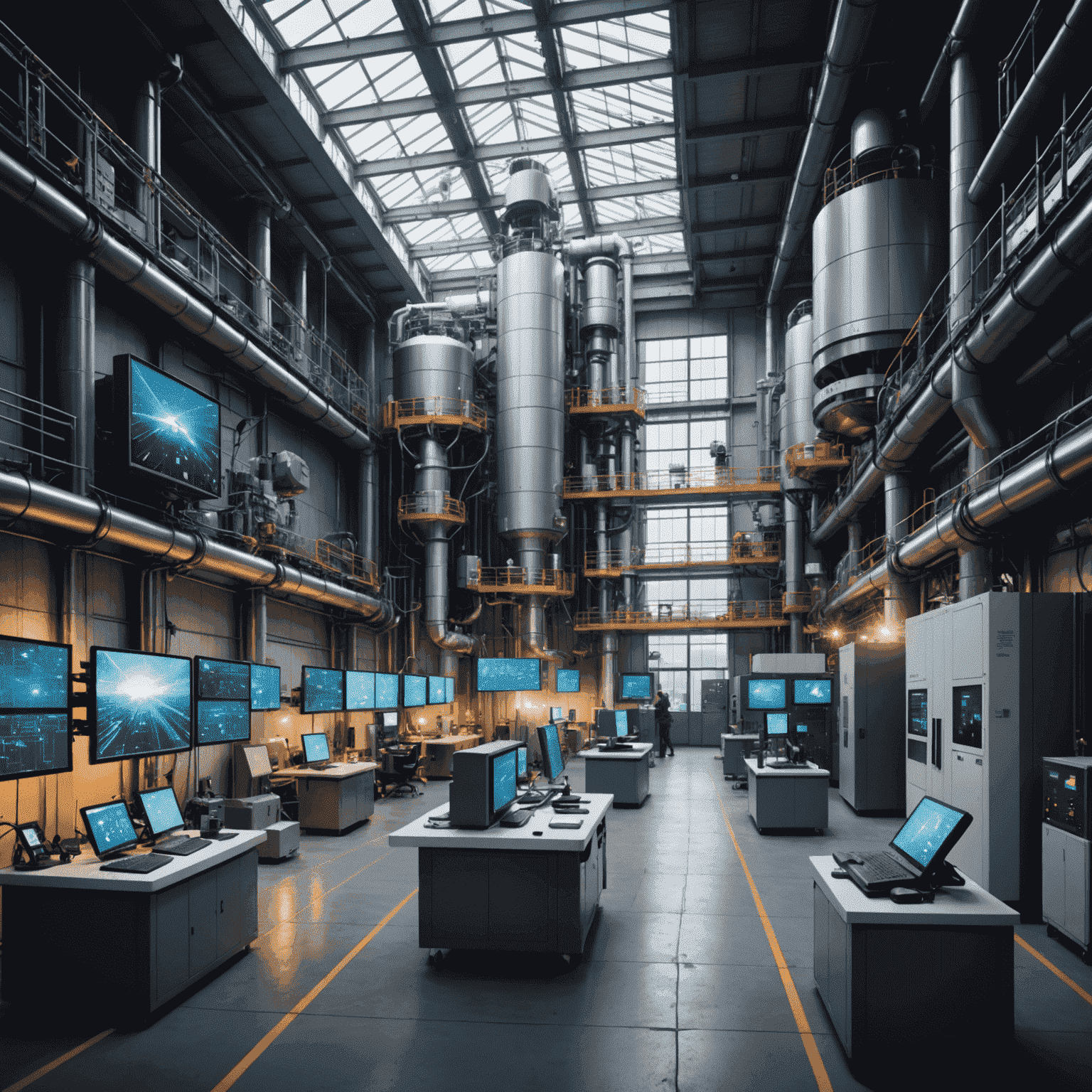 Industrielle IoT-Umgebung mit 5G-Antennen, vernetzten Maschinen und Datenvisualisierungen in einer futuristischen Fabrik