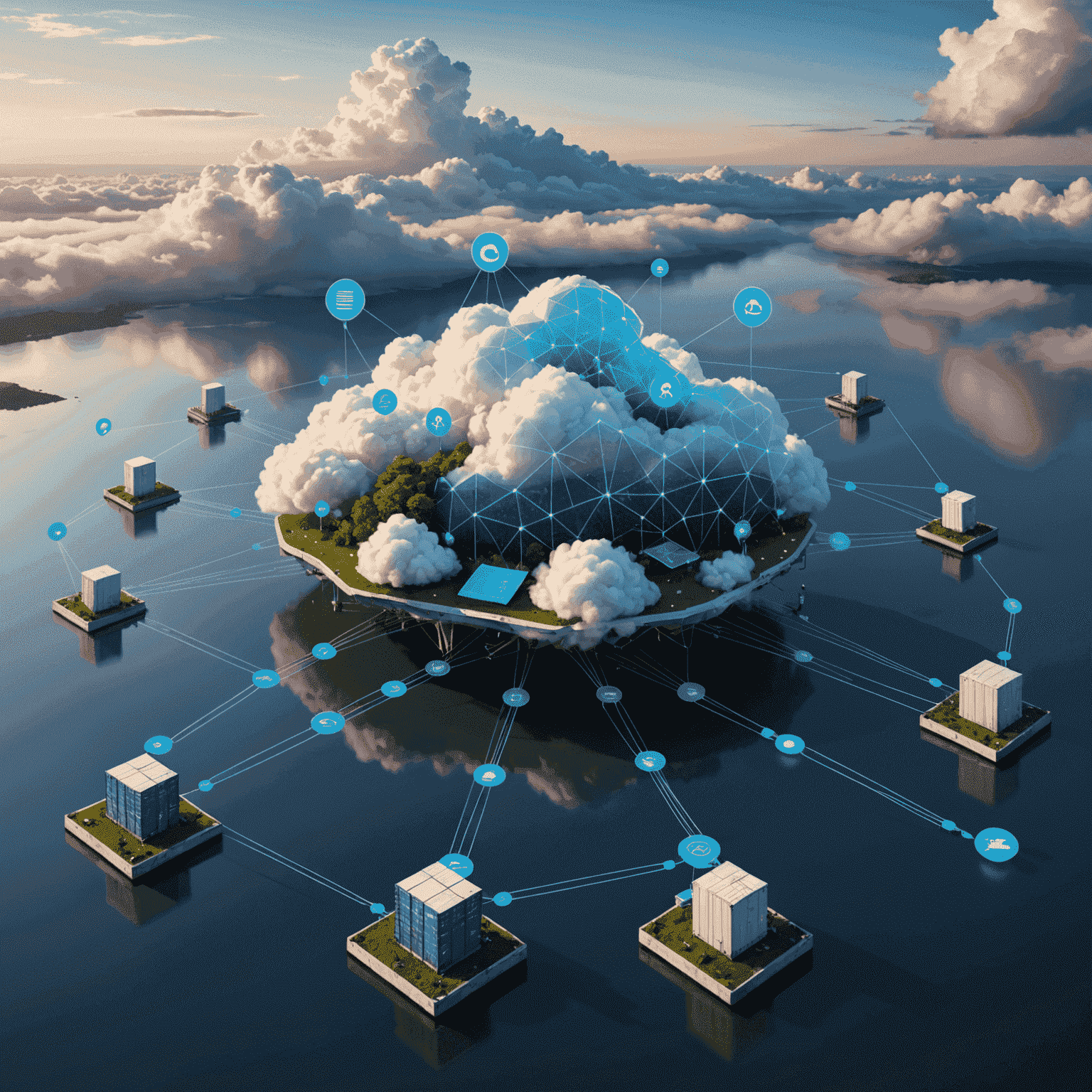 Abstrakte Darstellung von Cloud-Native-Netzwerklösungen mit schwebenden Serverknoten, virtuellen Netzwerkpfaden und Container-Symbolen
